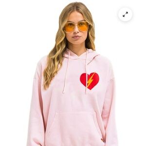 Aviator Nation Light Pink Hoodie with Red Heart and Yellow Lightning